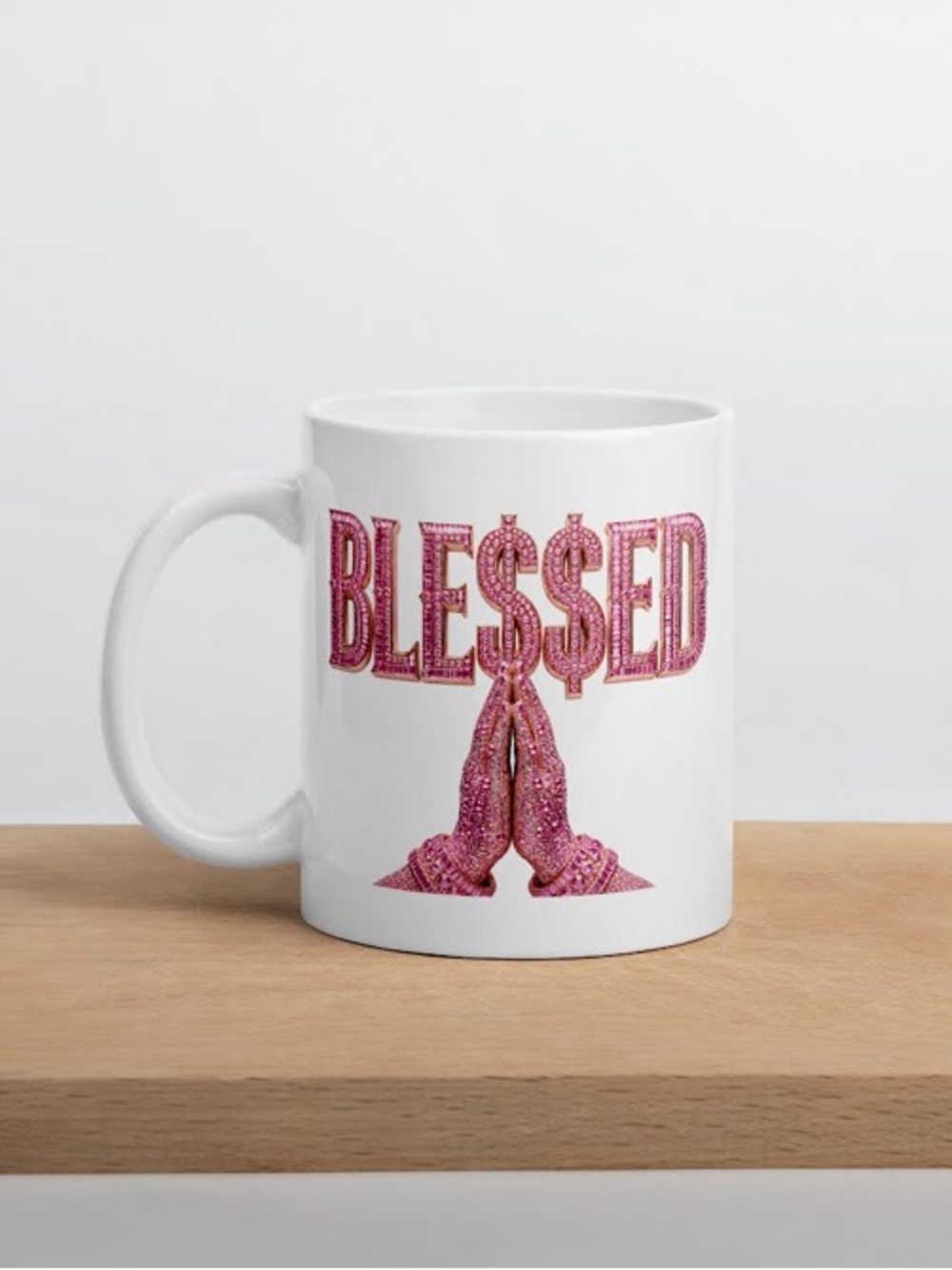 Black Mug with Pink "BLESSED" Design and Praying Hands - Picture 5 of 10